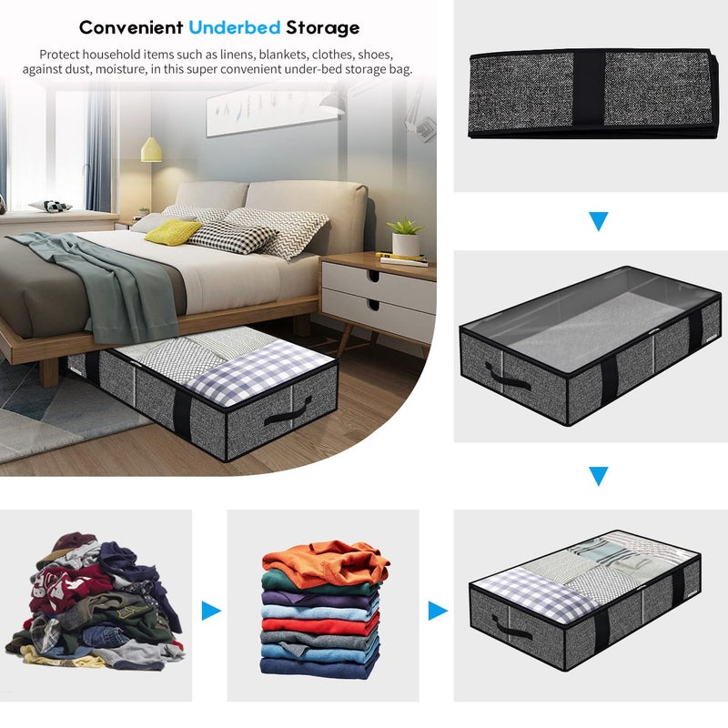 Onlyeasy Underbed Fabric Storage Bags Organizer with 4 Handles, 2 Zippers and Large Clear Window, for Clothes, Blankets, Bedding, Foldable with Sturdy Structure, 2 Pack, Linen-like Black, MXAUBBSS2P - Image 3